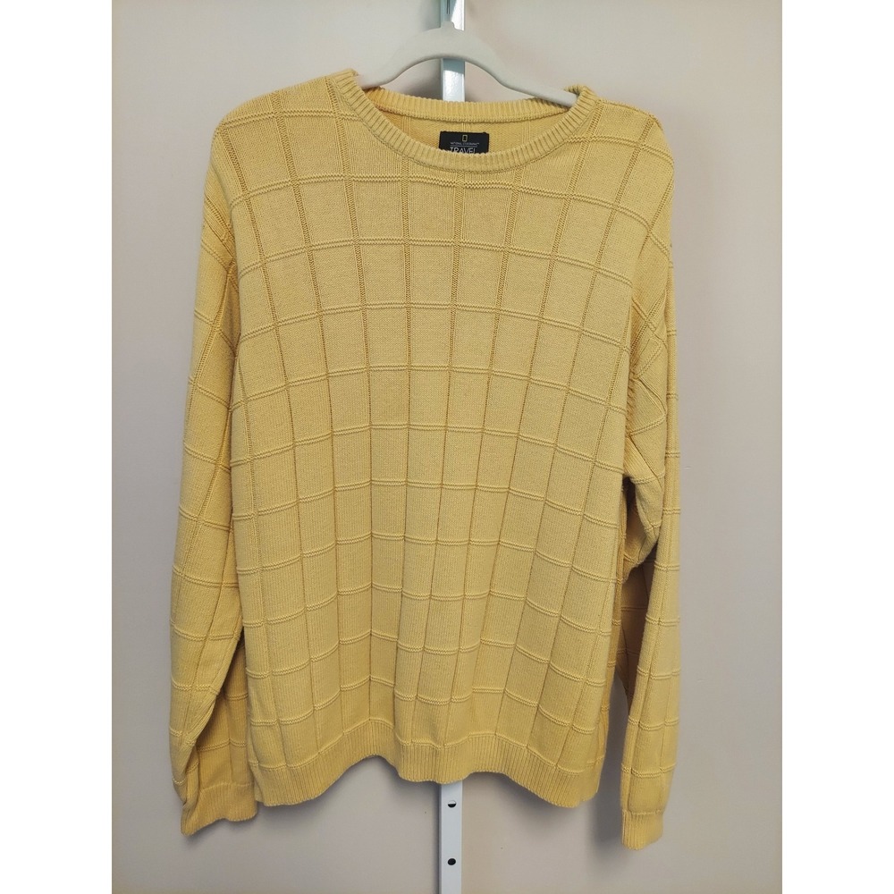 National Geograpic Mens XL Yellow Cotton Sweater Gorpcore Preppy Grandpa